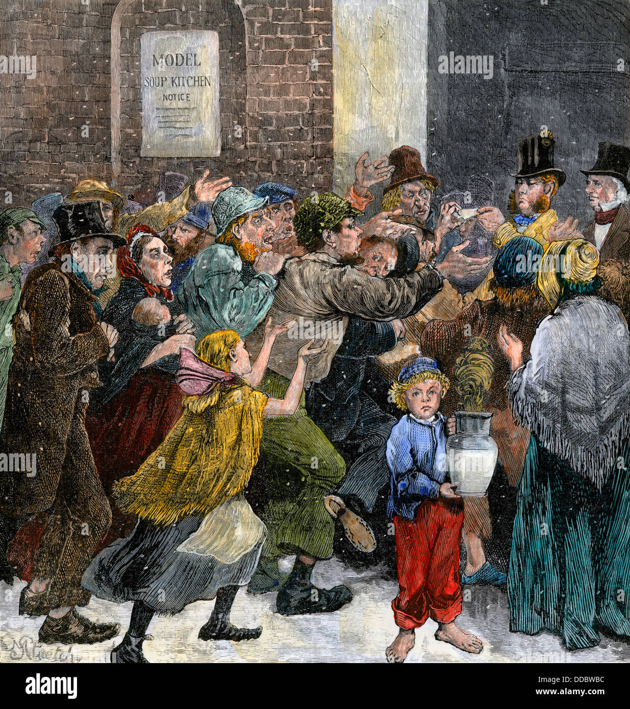 Dare la minestra dei biglietti per i disoccupati in un giorno di neve a Londra, 1880. Colorate a mano la xilografia Foto Stock