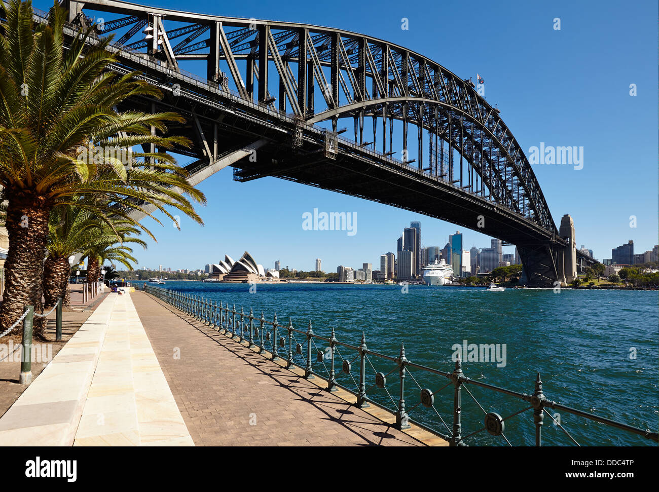 Vista da sotto il Ponte del Porto di Sydney verso l'Opera House, Circular Quay e il CBD di North Shore. Foto Stock
