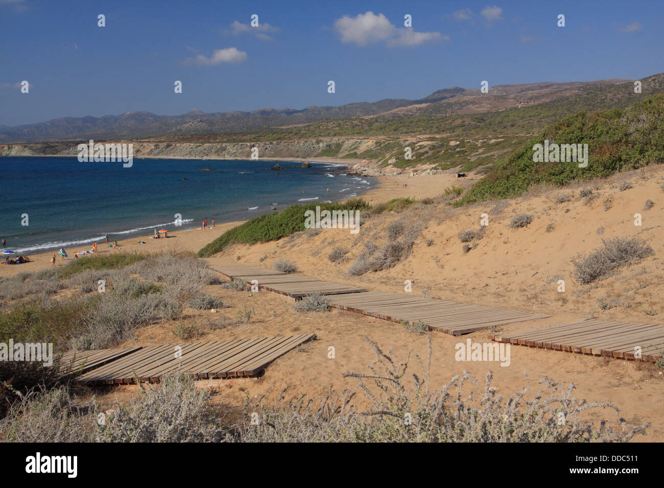Lara Bay beach, metà estate vista sulla penisola di Akamas, Cipro Foto Stock