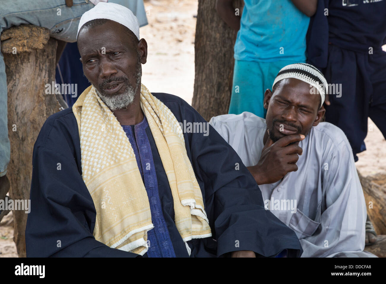Due uomini in un incontro di microcredito a Djilor, un Wolof Village, vicino a Kaolack, Senegal. Foto Stock