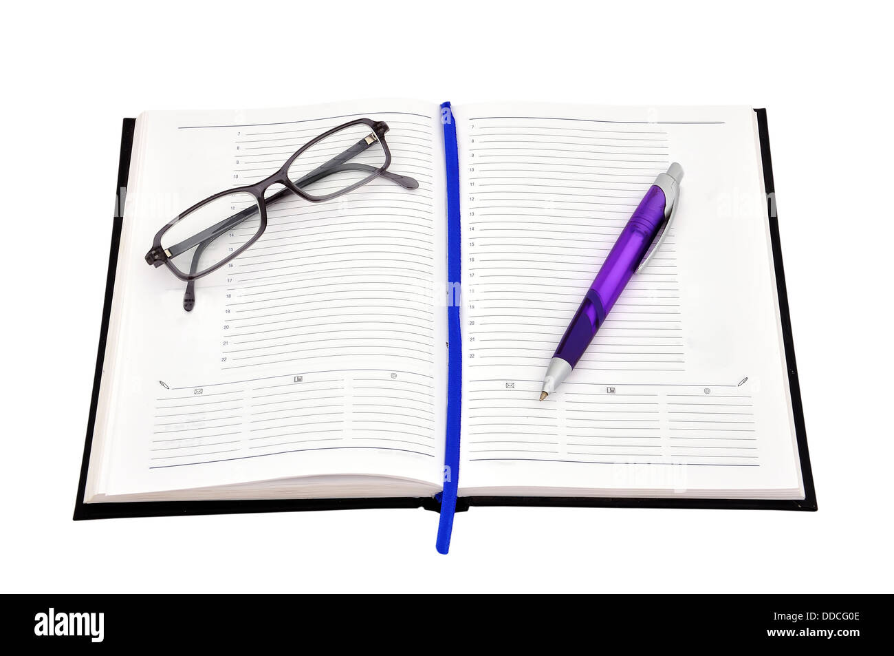 Diario, penna e occhiali di protezione Foto Stock