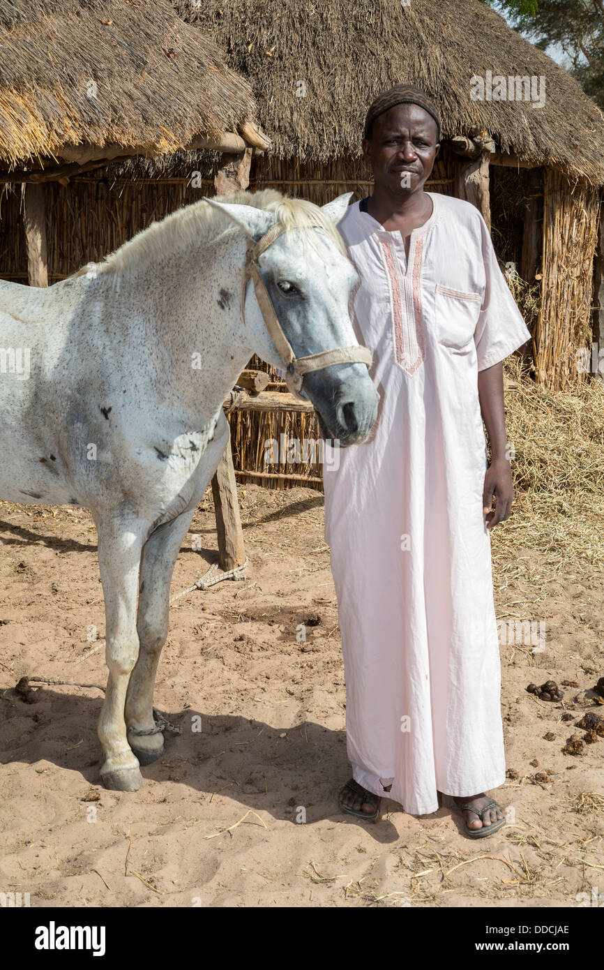 L'agricoltore senegalese e il suo cavallo. Bijam, un Wolof Village, vicino a Kaolack, Senegal. Foto Stock