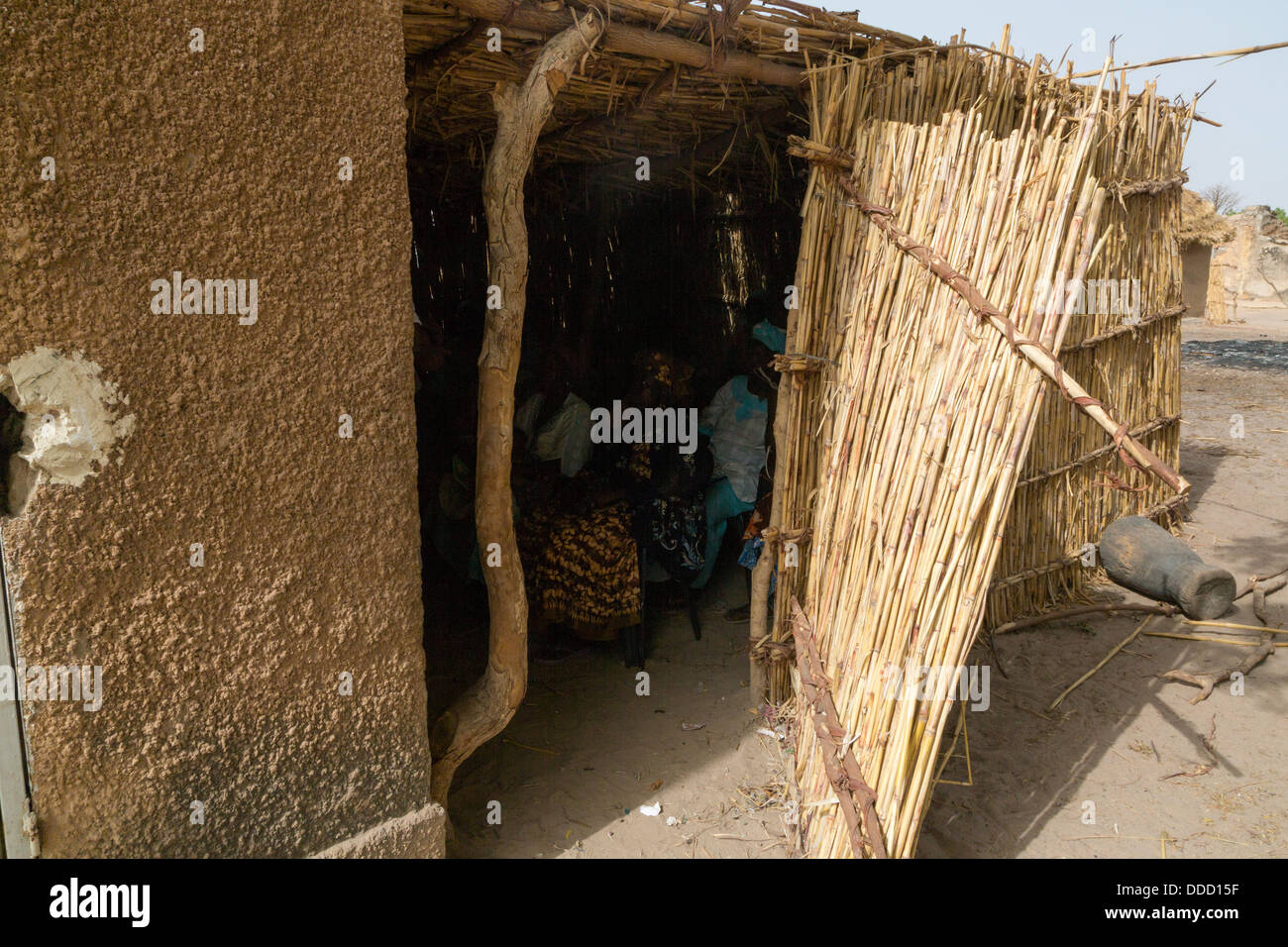 Aula per adulti le classi di alfabetizzazione, fatta di steli di miglio, Santhiou Mboutou Village, Senegal. Un programma di Africare. Foto Stock