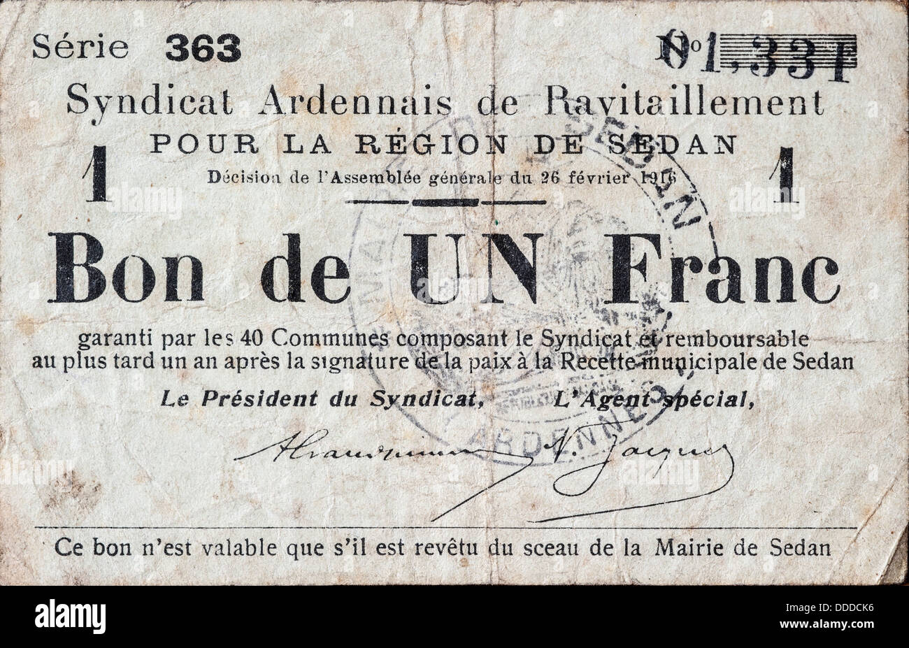 Banconota francese Bon de franco delle Nazioni Unite dal 1916 durante la Prima Guerra Mondiale uno per la regione di Sedan, Francia Foto Stock