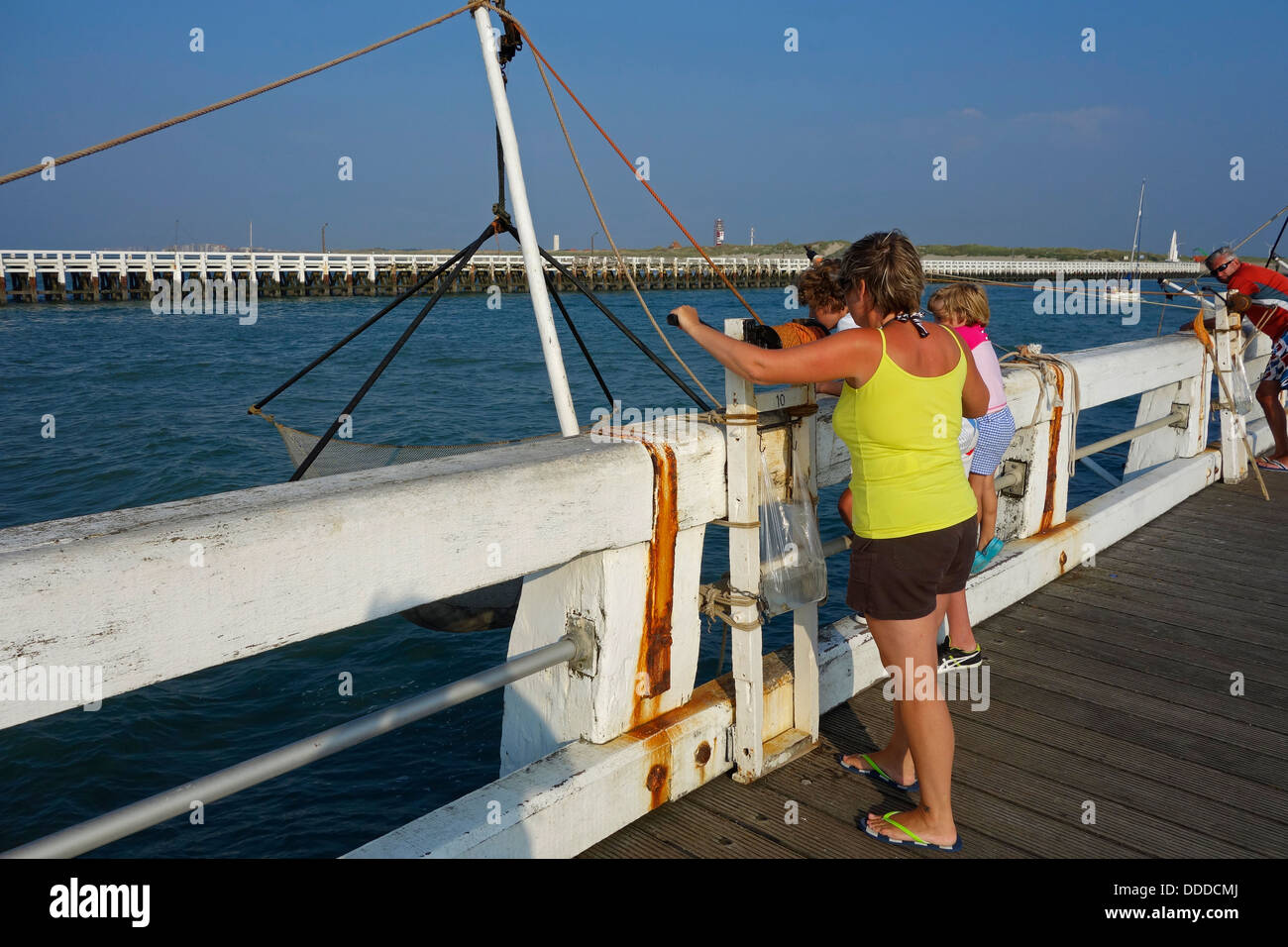 Square reti da pesca / borsa net in affitto per turisti sul molo lungo la costa del Mare del Nord a Nieuwpoort / Nieuport, Belgio Foto Stock