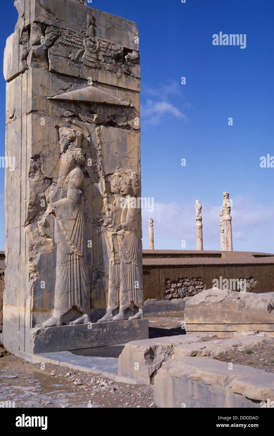 Portale della Tripylon (palazzo centrale), Dario sotto un ombrellone, Persepolis, Iran 690125 124 Foto Stock