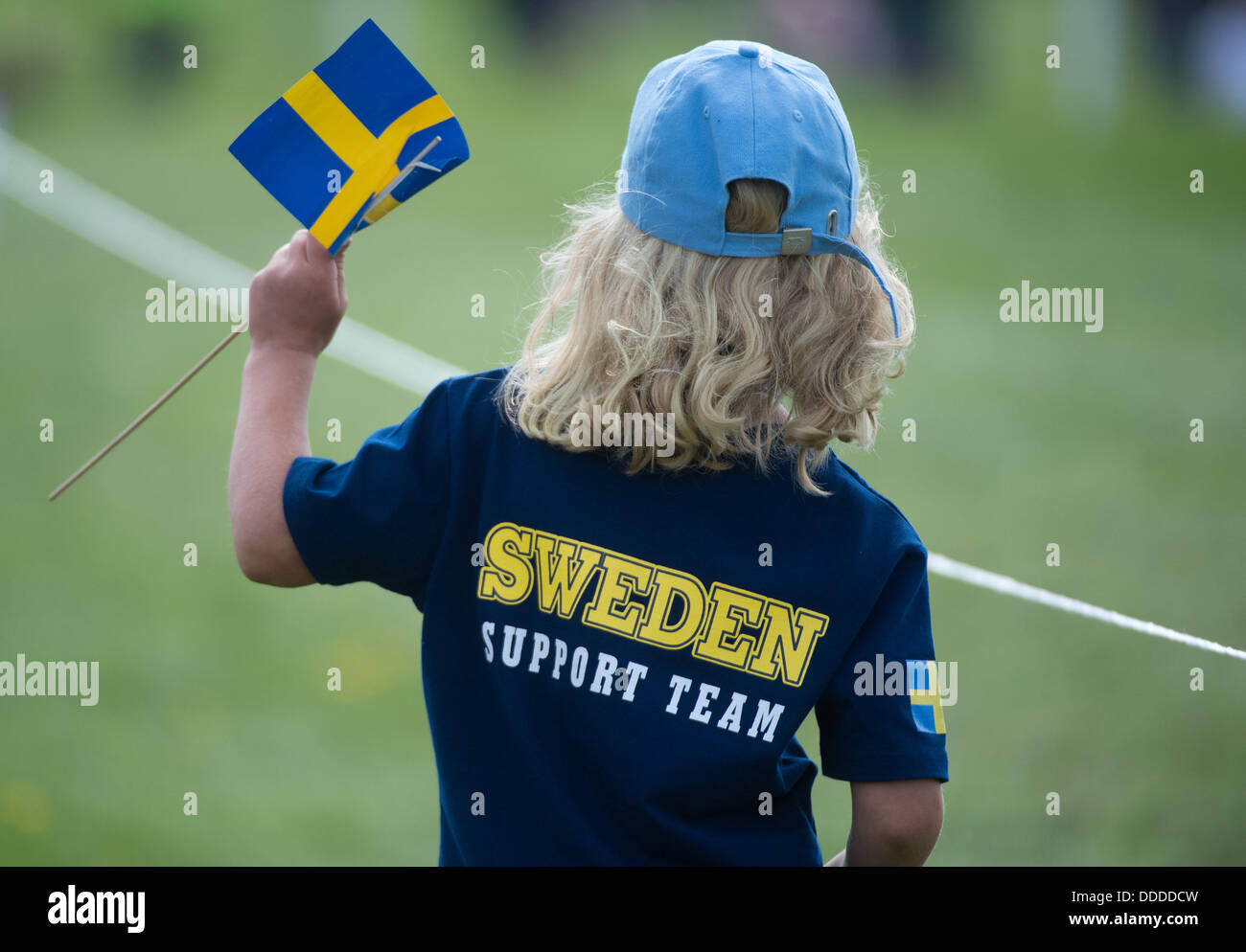 Malmo, Svezia. 31 Agosto, 2013. Una piccola ventola svedese onde con un flag durante il cross country concorrenza della Comunità Eventing Championships di Malmo, Svezia, 31 agosto 2013. Foto: JOCHEN LUEBKE/dpa/Alamy Live News Foto Stock