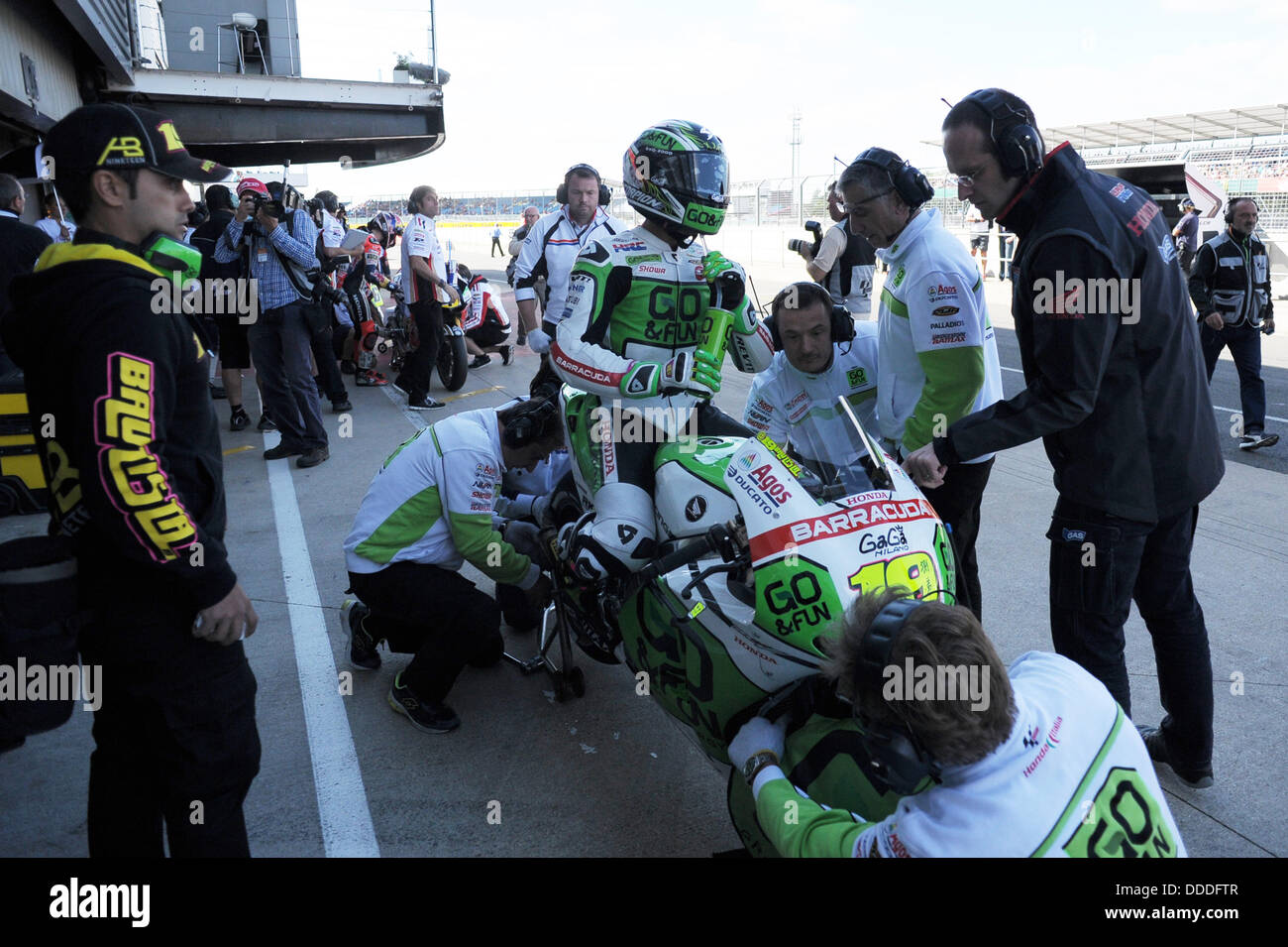 Silverstone, Regno Unito. 31 Agosto 2013.Alvaro Bautista (GO&Fun Honda Gresini) durante le sessioni di qualifiche sul circuito di Silverstone. Credito: Gaetano Piazzolla/Alamy Live News Foto Stock