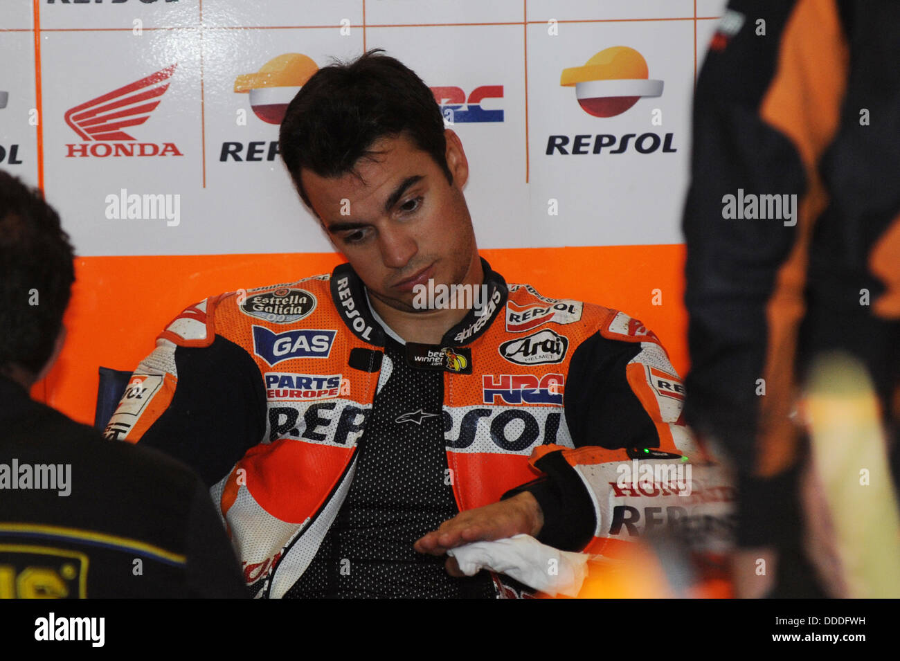 Silverstone, Regno Unito. Il 31 agosto 2013. Dani Pedrosa (Repsol Honda Team) durante le sessioni di qualifiche sul circuito di Silverstone. Credito: Gaetano Piazzolla/Alamy Live News Foto Stock