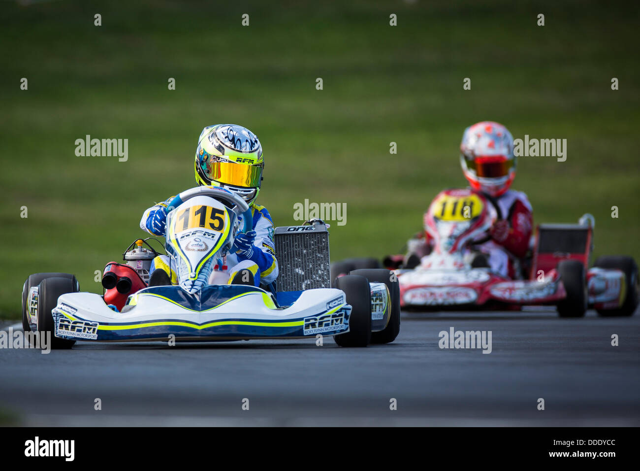 31.08.2013. Circuito PFi vicino Grantham Lincolnshire Inghilterra - Round 1 del Mondiale CIK-FIA KF Junior campionati. Le qualifiche di sabato. #115 Max Fewtrell (GBR) Ricky Flynn Motorsport Foto Stock