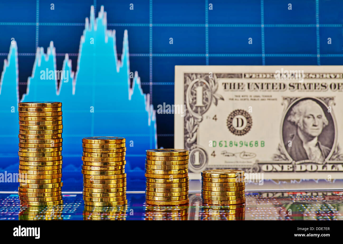 Tendenza ribassista grafico finanziario, one-dollar banconota e pile di monete d'oro. Messa a fuoco selettiva Foto Stock