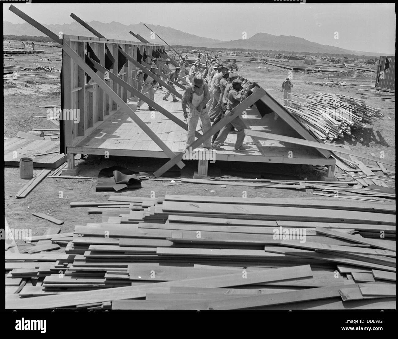 Al Poston Internment Camp in Arizona, i lavoratori continuano la costruzione di caserme destinate a ospitare gli internati. Il campo ospitava famiglie giapponesi-americane durante la seconda guerra mondiale, come parte degli sforzi di trasferimento del governo degli Stati Uniti. Foto Stock