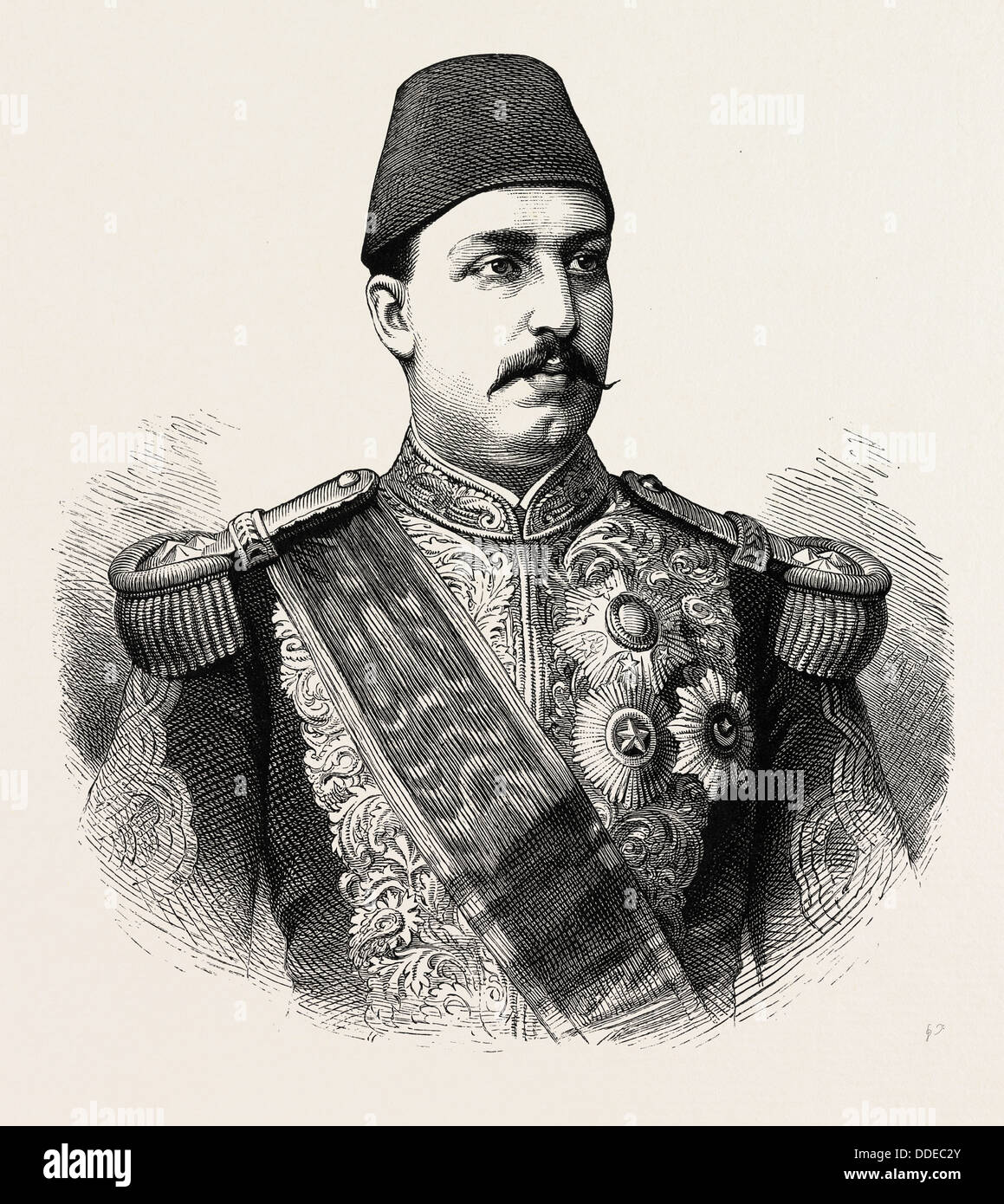 Il KHEDIVE TAWFEEK. Egitto, incisione 1879. HH Muhammed Tewfik Pascià, Tawfiq d'Egitto, 30 Aprile o 15 Novembre 1852 - 7 Gennaio Foto Stock