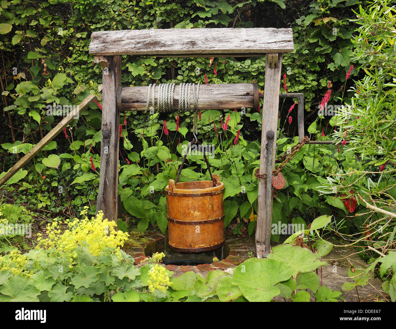 Tradizionale in legno e giardino con acqua la benna appeso a una fune e gancio Foto Stock