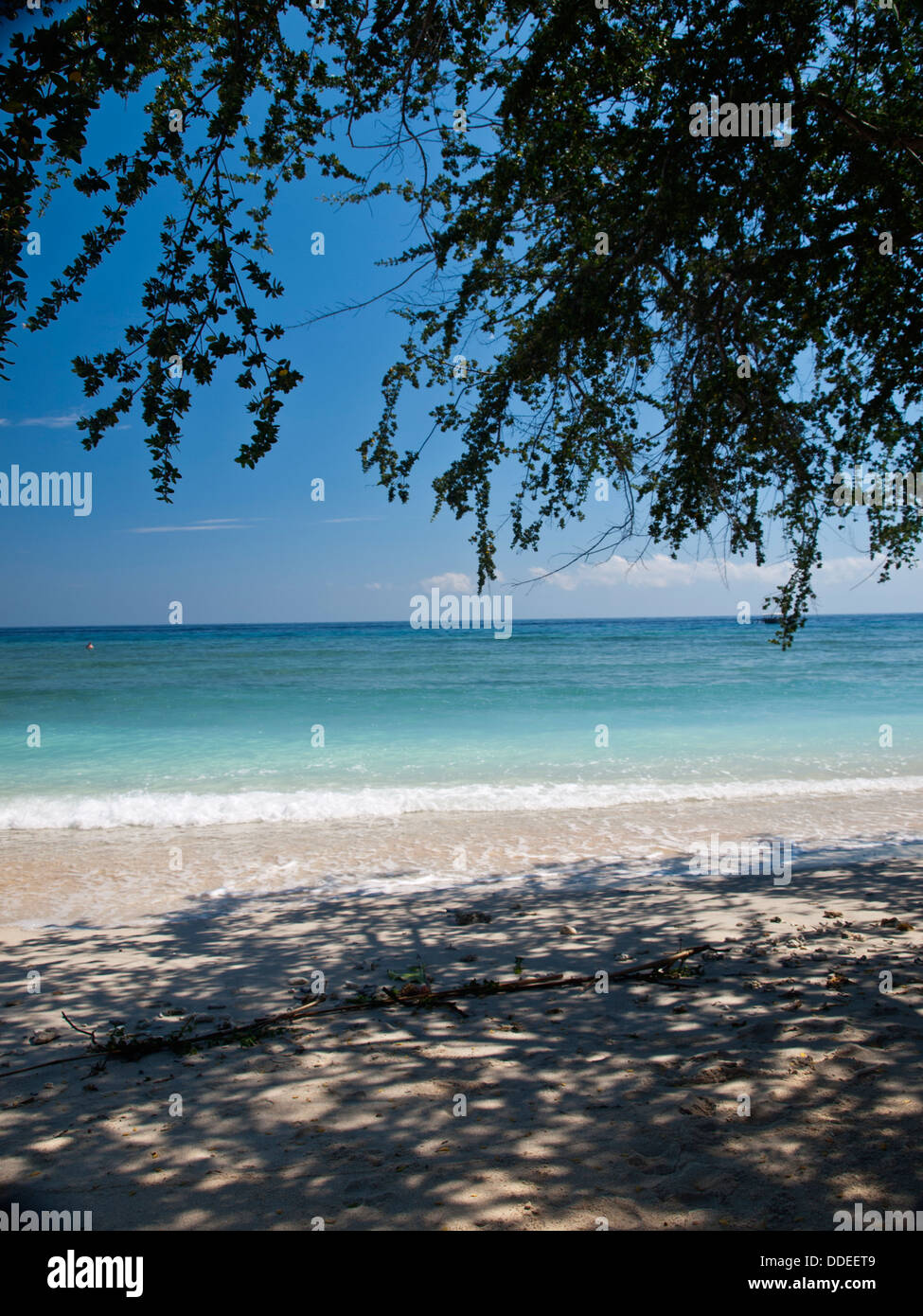 Mare tropicale spiaggia con struttura ad albero e di ombra nella sabbia Foto Stock