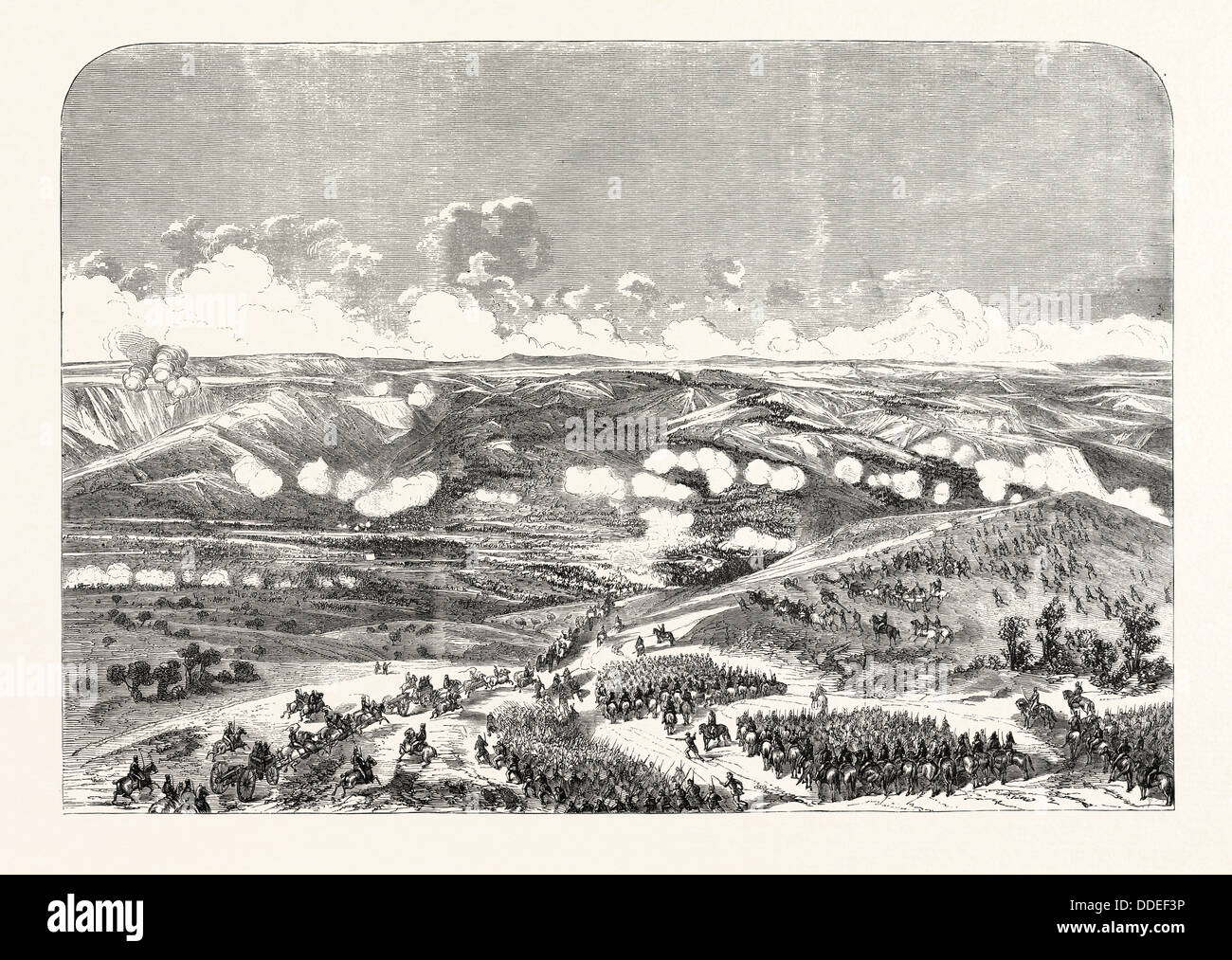 La Battaglia del Ponte di Traktir sulla Tchernaya. Secondo i documenti ufficiali. 1855. Incisione Foto Stock