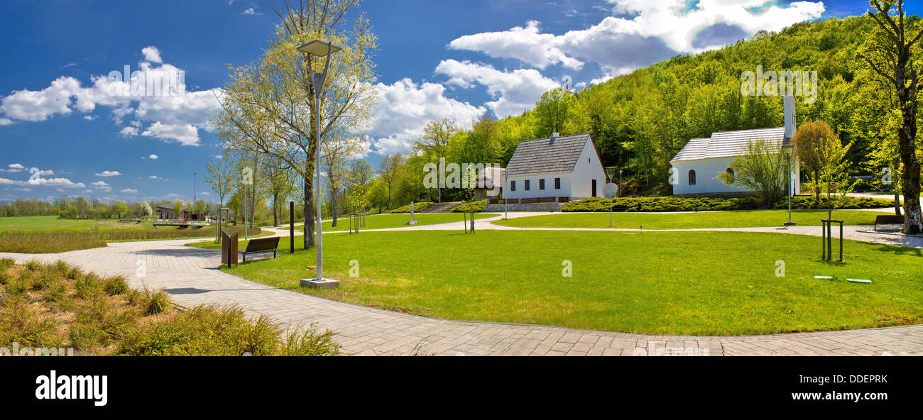 Nikola Tesla casa natale, villaggio di Smiljan, Lika, Croazia (panoramico viev) Foto Stock