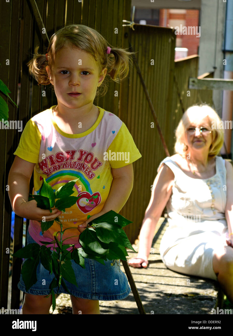 Bambina giocando nel soleggiato parco con la nonna Foto Stock