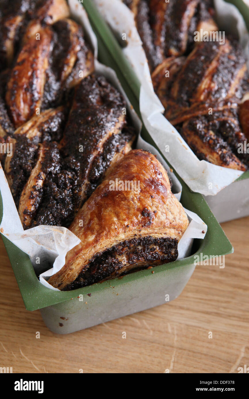 Pane appena sfornato, cioccolato e semi di papavero torta di lievito Foto Stock