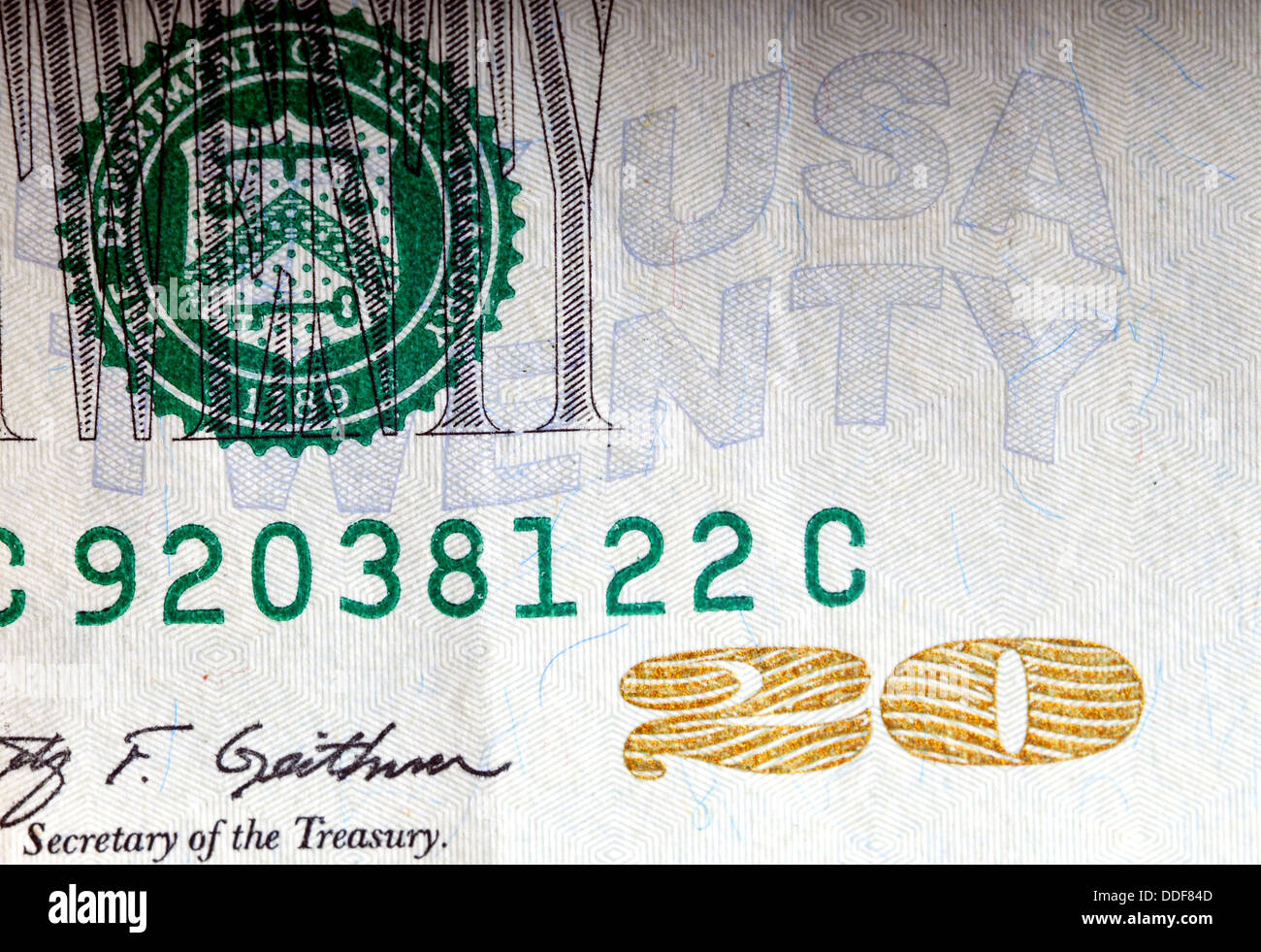 Ripresa macro di una parte di una ventina di dollari Foto Stock