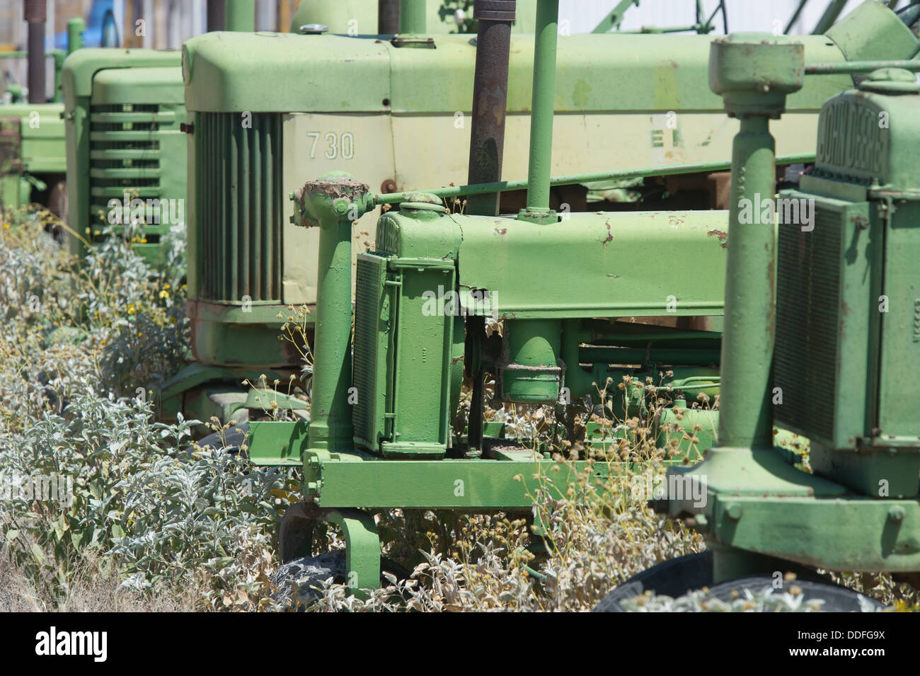 Fila di verde antico in trattori di erbacce Foto Stock