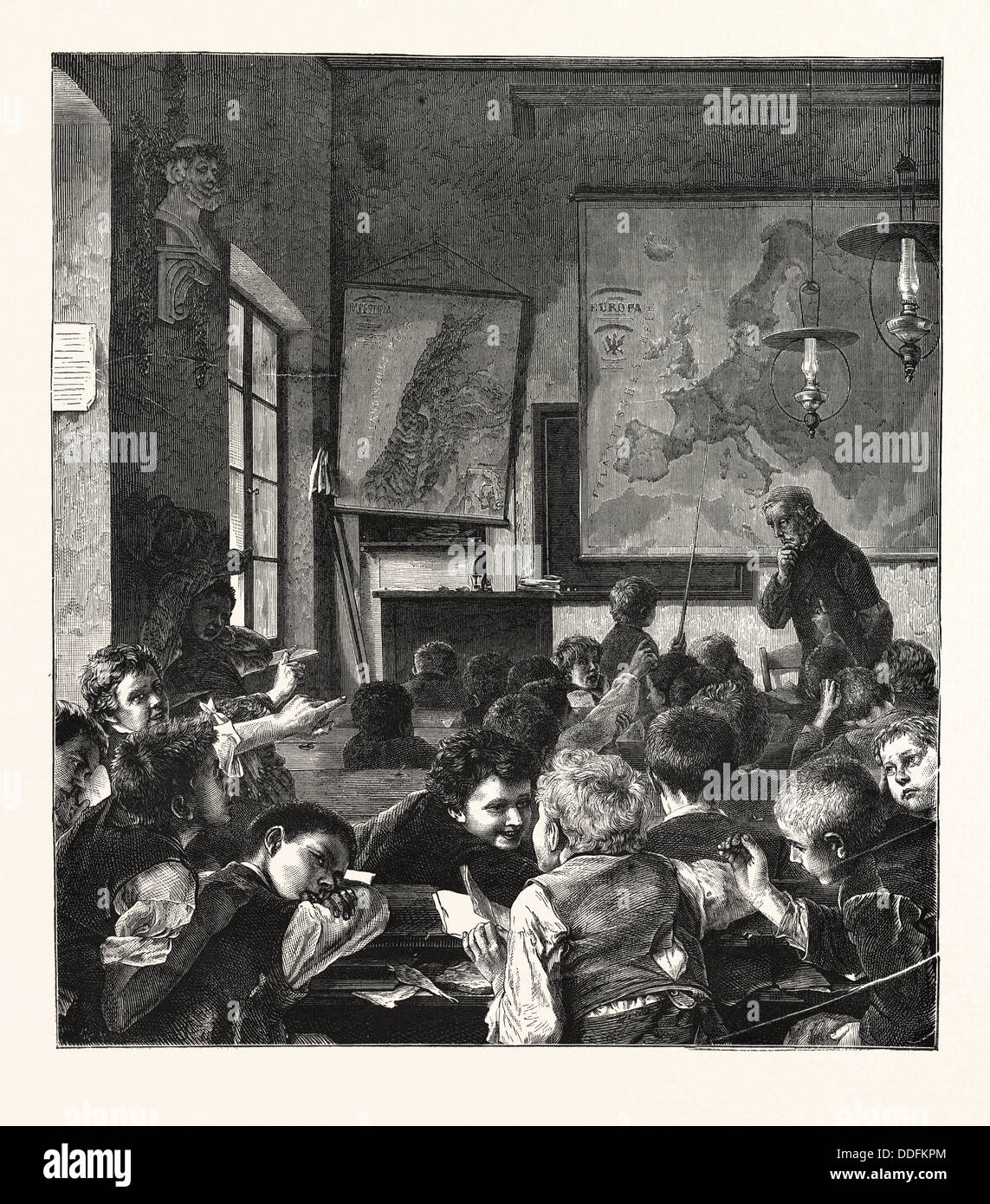 Preparazione per le vacanze di Natale, la lezione interrotta, incisione 1876 Foto Stock