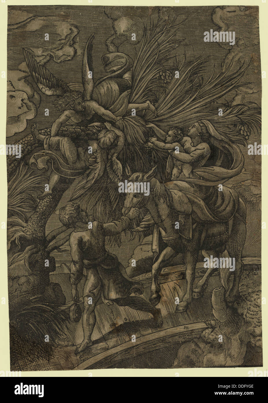 La fuga in Egitto, Raffaello, 1483, 1520, angeli tirando un albero alla portata del Bambino Gesù Foto Stock