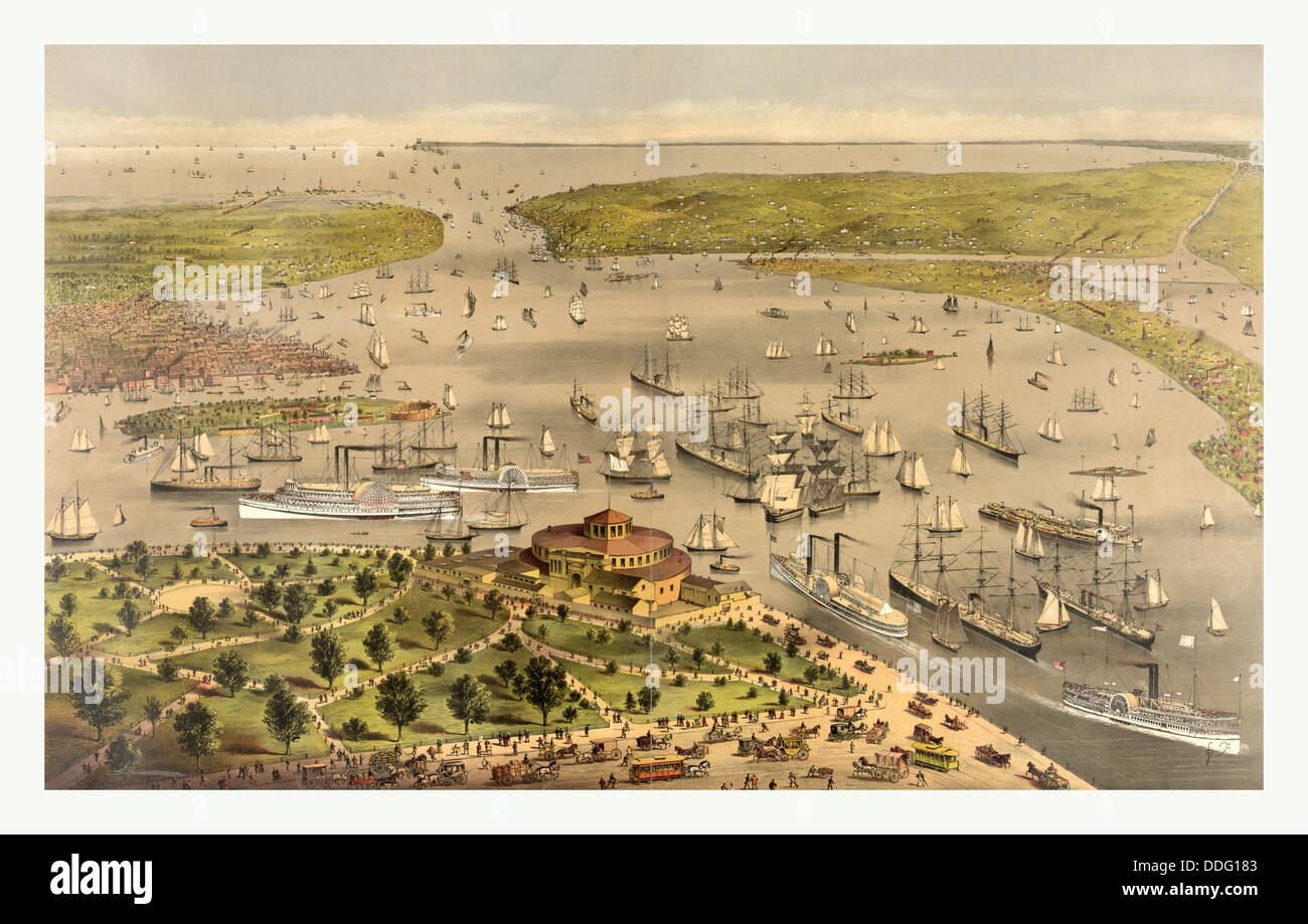 Porto di New York, Birds Eye view dalla batteria guardando verso sud da Currier & Ives circa 1878, noi, Stati Uniti d'America, America Foto Stock