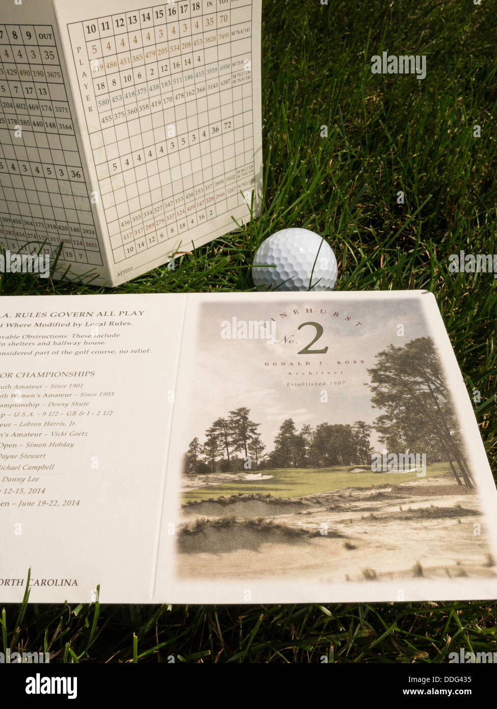 Attrezzatura da golf e scorecard per Pinehurst No. 2, STATI UNITI D'AMERICA Foto Stock