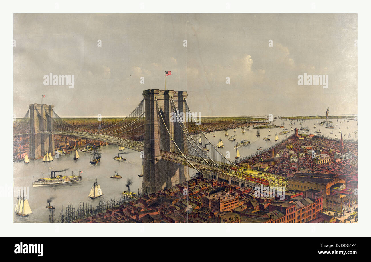 Grand birds eye view del grande oriente fiume sospensione ponte che collega la città di New York e Brooklyn Foto Stock