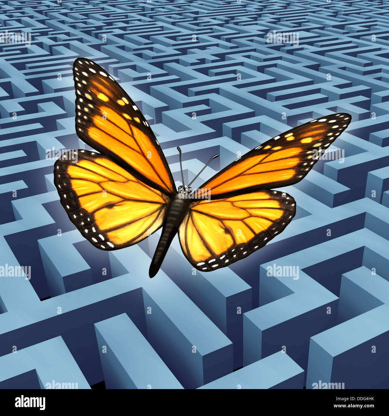 Credere in te stesso concetto e metafora per il successo con una farfalla monarca in un viaggio sorvolando un complicato labirinto o labirinto a salire al di sopra di avversità e ostacoli come stile di vita umana e business idea. Foto Stock