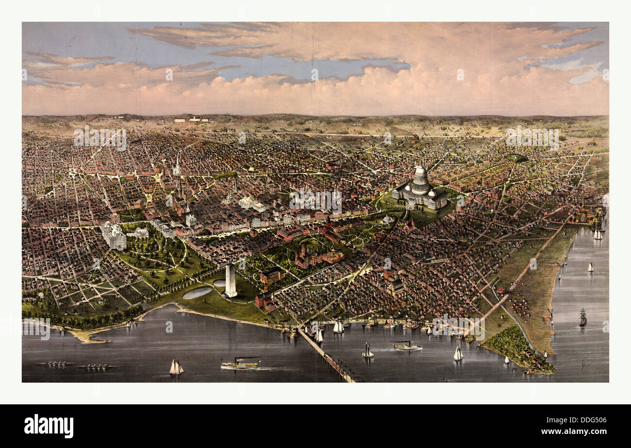 La città di Washington birds eye vista dal Potomac, guardando a nord da Currier & Ives circa 1880, noi, Stati Uniti d'America, America Foto Stock