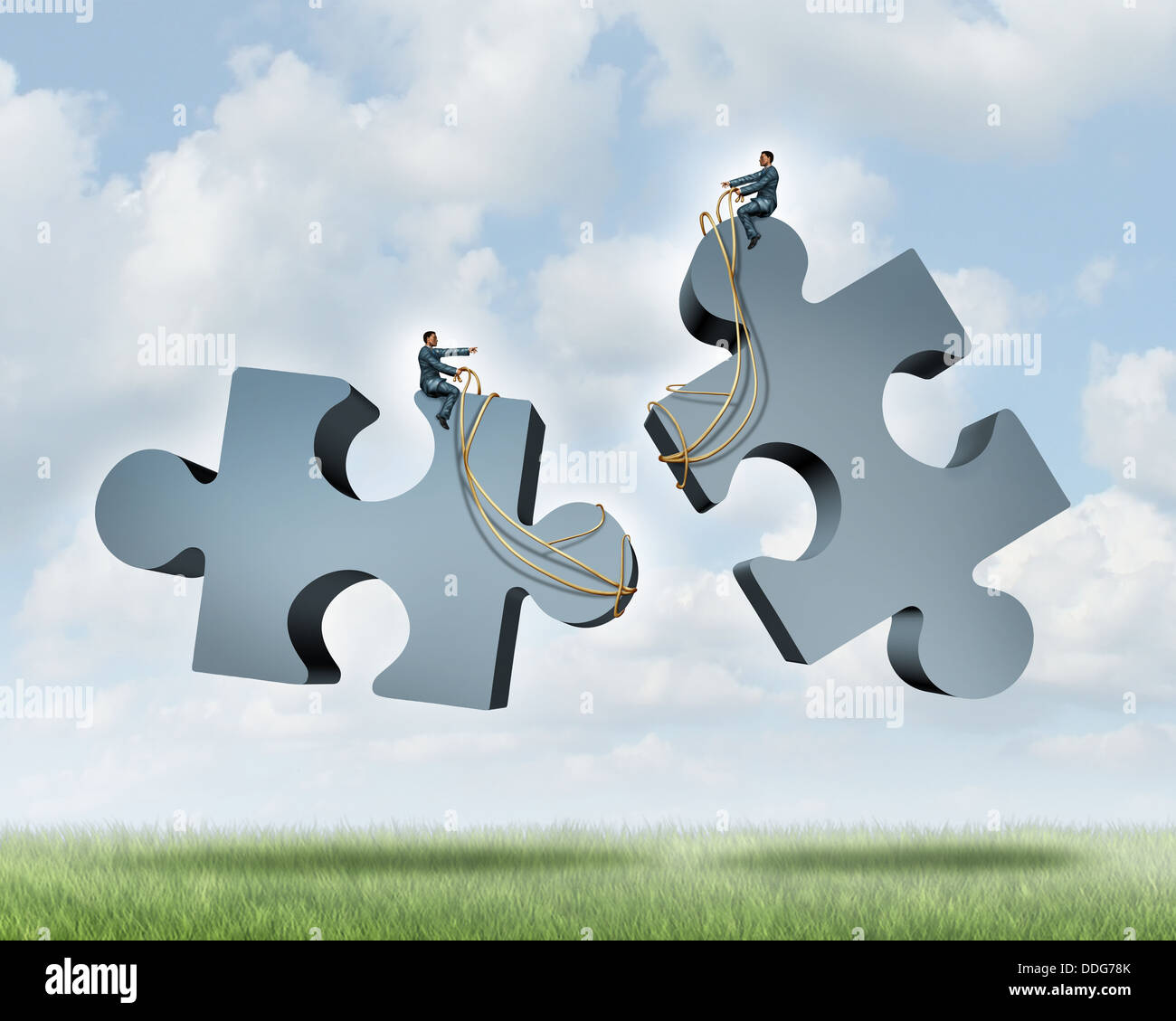 La gestione di un partenariato come un accordo o un contratto per lavorare insieme per il successo finanziario come due persone di affari dello sterzo con un cablaggio gigantesco puzzle pezzi come un concetto di cooperazione del team. Foto Stock