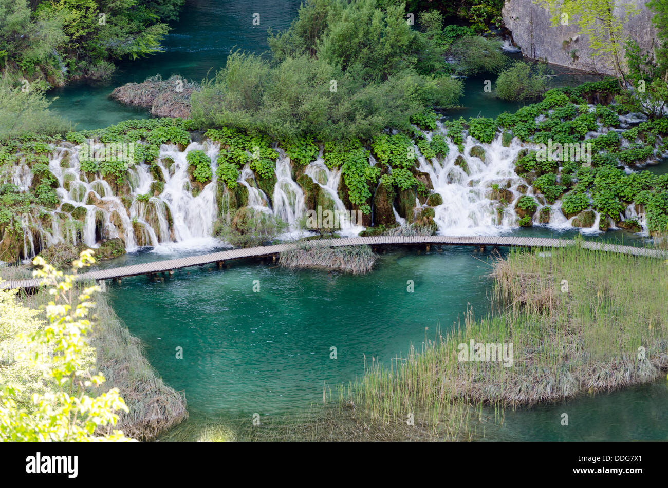 Il lago e la cascata nel Parco Nazionale dei Laghi di Plitvice, Croazia. Foto Stock
