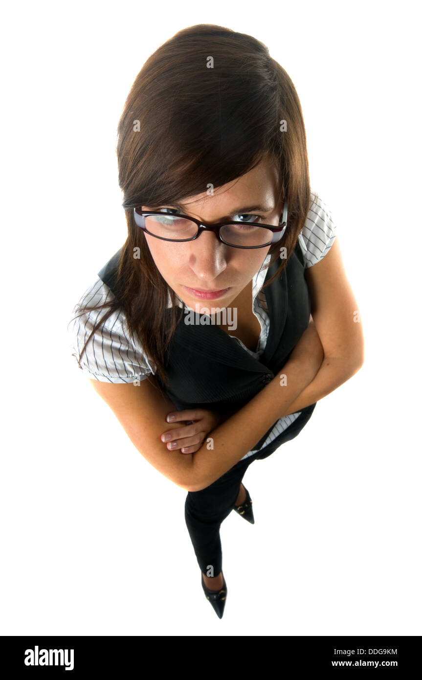 Strict / arrabbiato-cercando insegnante / business donna / executive isolati su sfondo bianco Foto Stock