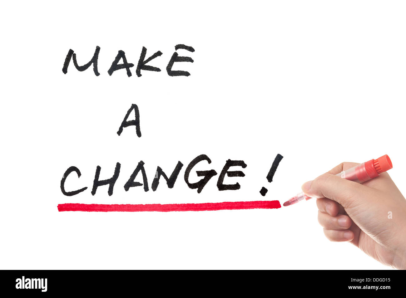 Apportare una modifica parole scritte sulla lavagna bianca Foto Stock