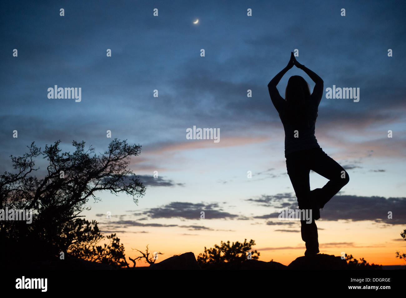 Donna fare Yoga posa al Grand Canyon Sunset Foto Stock