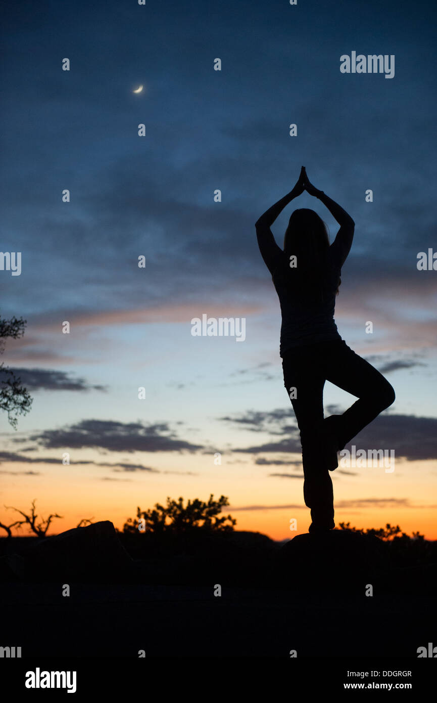 Donna fare Yoga posa al Grand Canyon Sunset Foto Stock