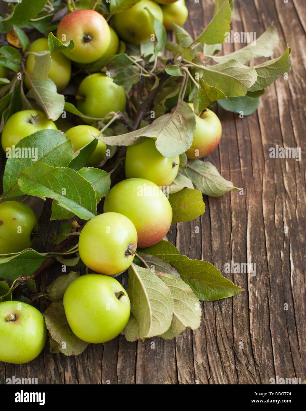 Mele biologiche con foglie su sfondo di legno Foto Stock