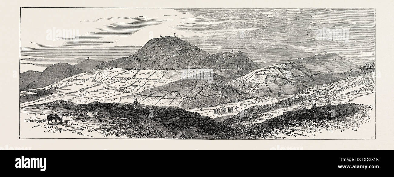 La guerra civile in Spagna: MONTE montano, il diritto dei carlisti posizioni: dalla collina sopra SAN LORENZO, 1874 Foto Stock