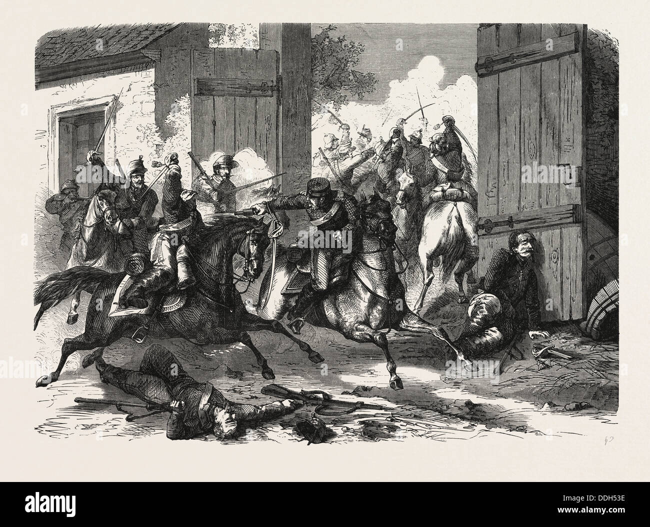 FRANCO-prussiana di guerra: soldati di cavalleria tedesco attaccato dai francesi, a NIEDERBRONN, 1870 Foto Stock