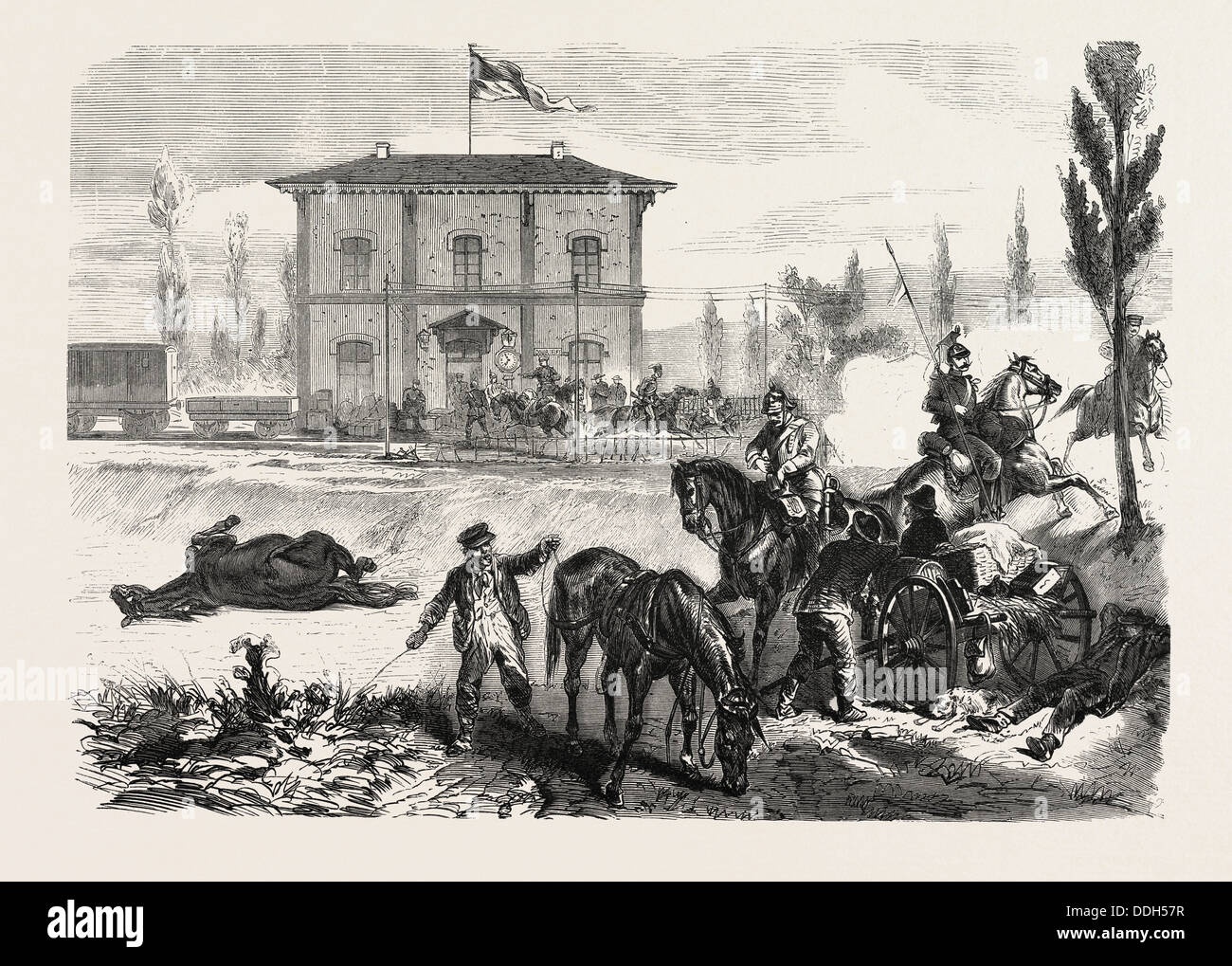FRANCO-prussiana di guerra: LA STAZIONE FERROVIARIA DI COURCELLES nella mattina del 16 agosto 1870 Foto Stock