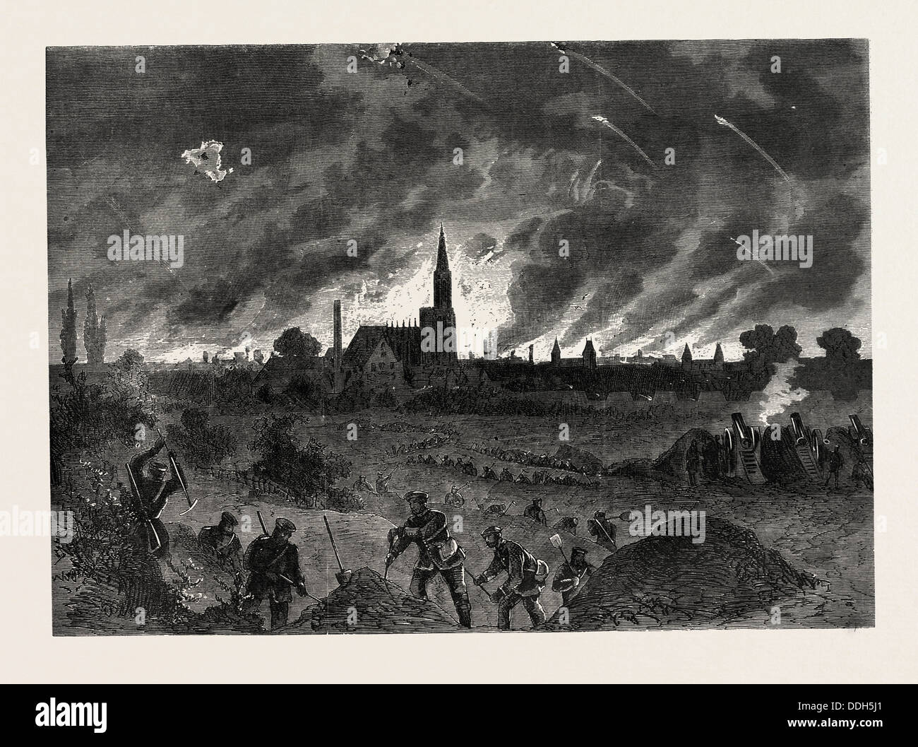 FRANCO-prussiana di guerra: Strasburgo un incendio durante la notte il bombardamento del 25 agosto 1870 Foto Stock