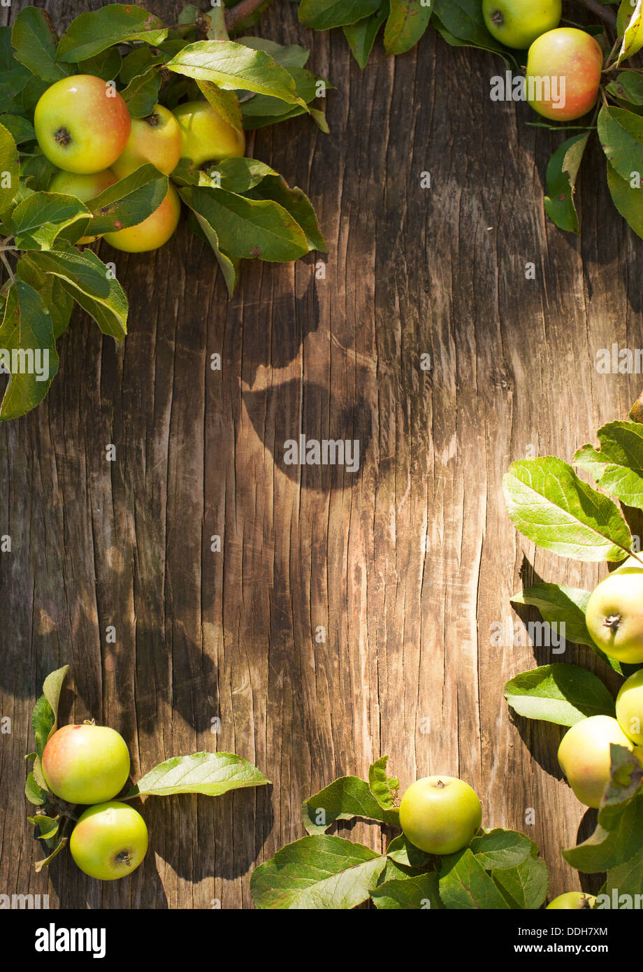 Fresche mele biologiche con foglie su sfondo di legno Foto Stock