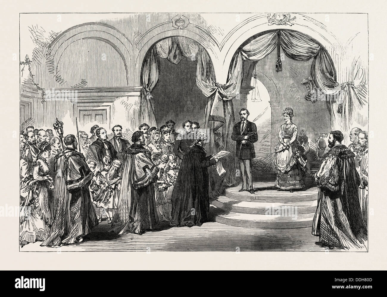 La reception del Principe e della principessa di Galles alla stazione ferroviaria, HULL: la città addetto di lettura dell'indirizzo, 1869 Foto Stock