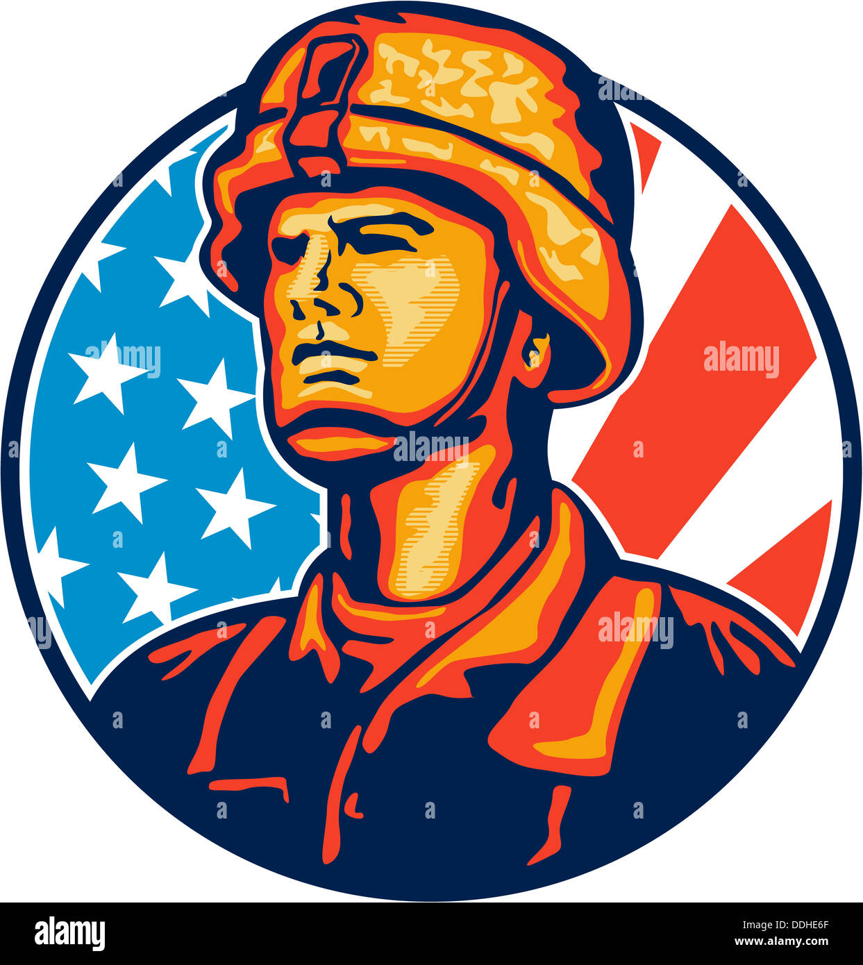 Illustrazione di un soldato americano veterani militari di guardare avanti con gli Stati Uniti a stelle e strisce bandiera in background impostata all'interno del cerchio. Foto Stock