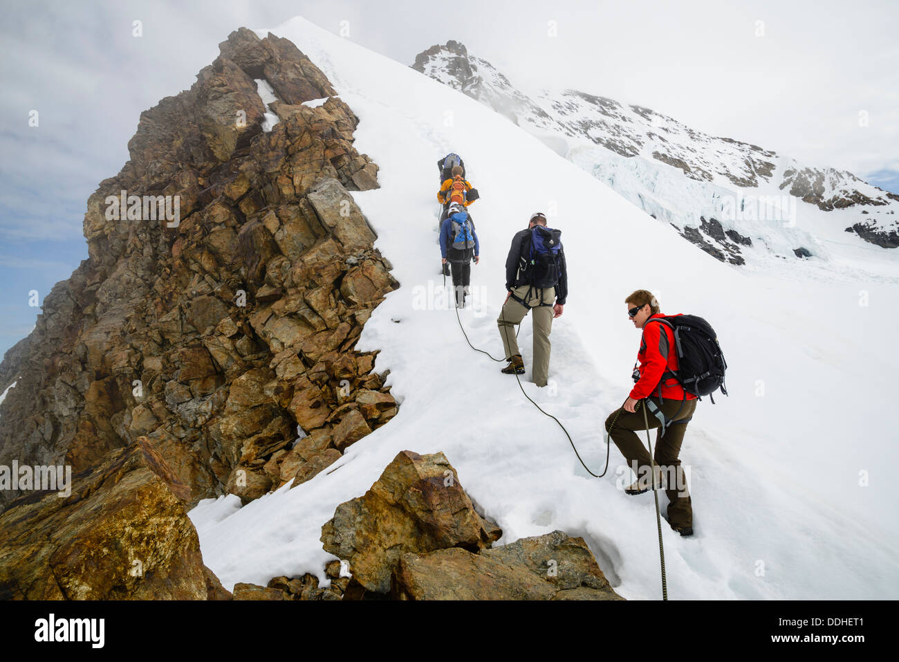 Gli alpinisti sul crinale del Jungfraujoch, vicino a Grindelwald in Svizzera, con il sud-ovest della cresta del Monch dietro Foto Stock
