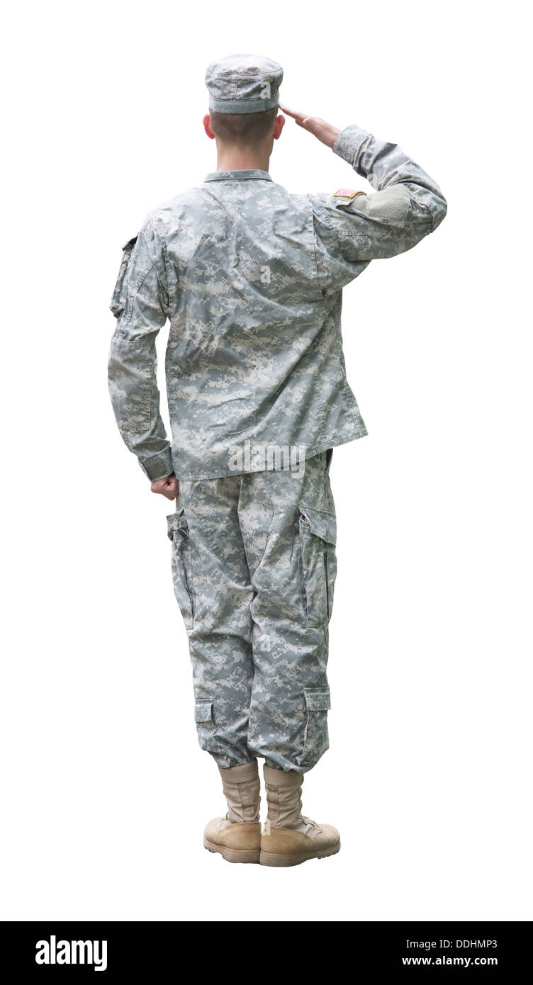US Army soldier salutando posizione. Vista posteriore, isolato su sfondo bianco Foto Stock