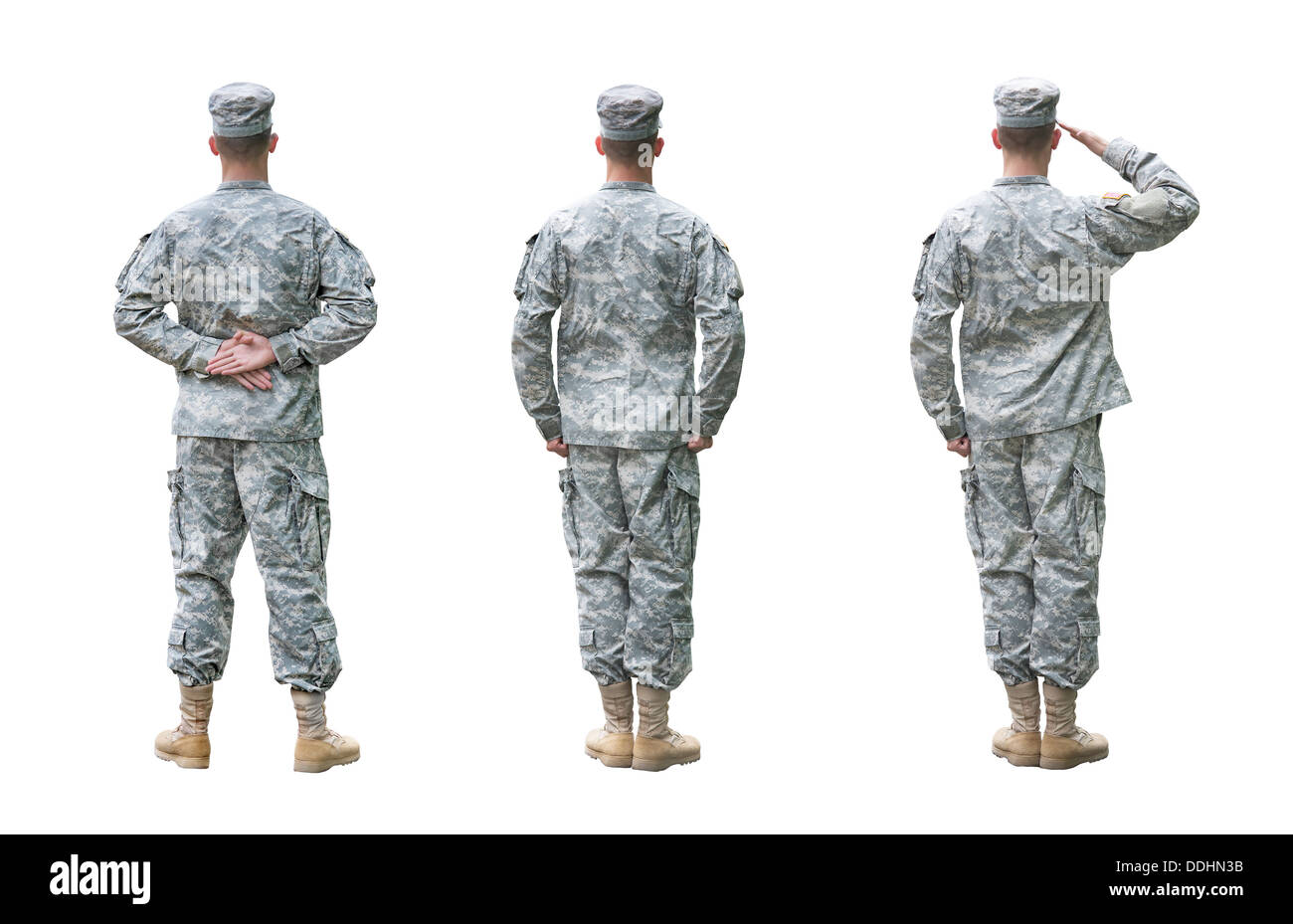 US Army soldato in tre posizioni; Parade resto, attenzione, salutando. Vista posteriore, isolato su sfondo bianco Foto Stock