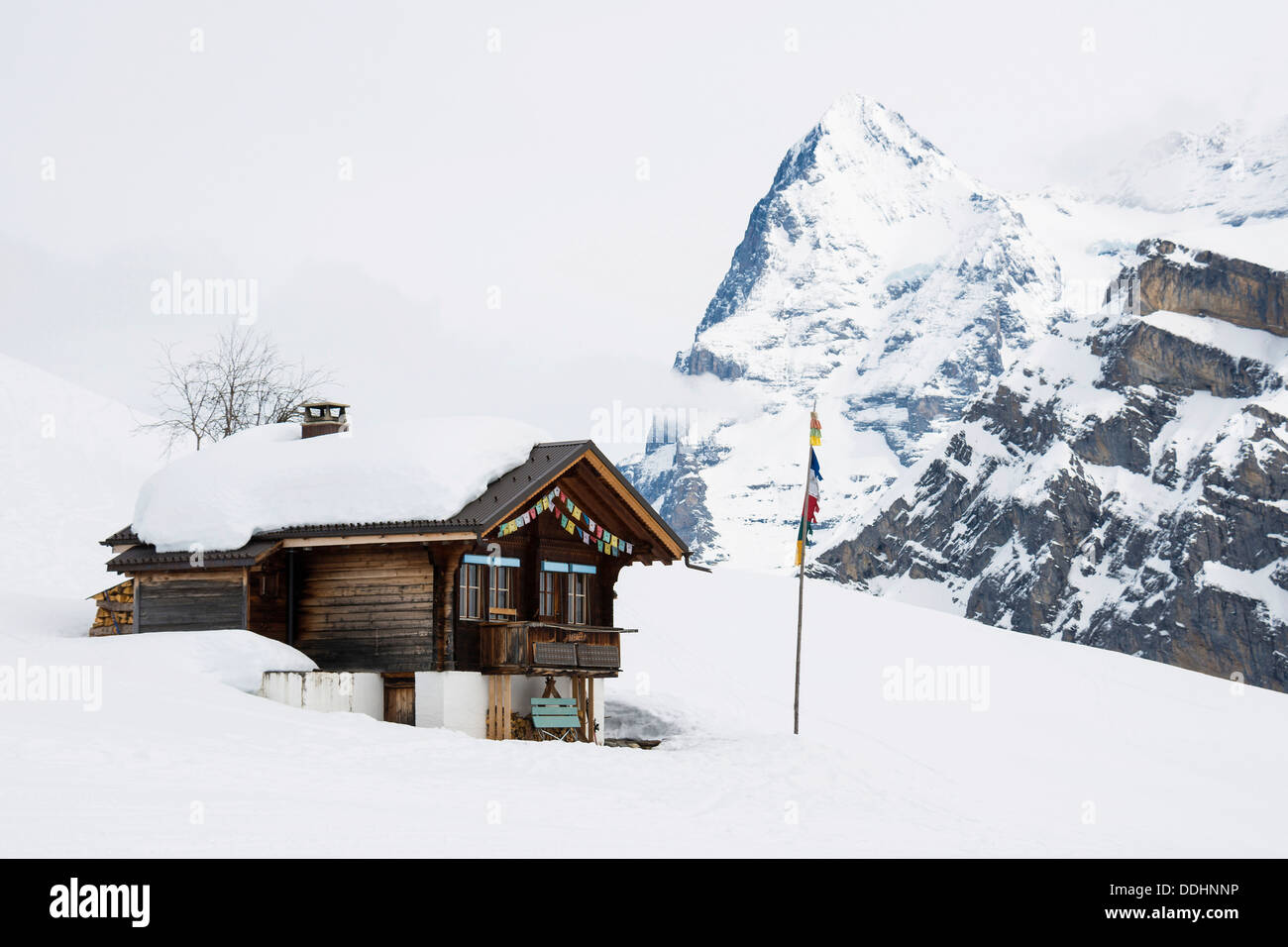 Old log cabin e l'Oberland bernese con il Monte Eiger in inverno, Alp Gimmeln Foto Stock
